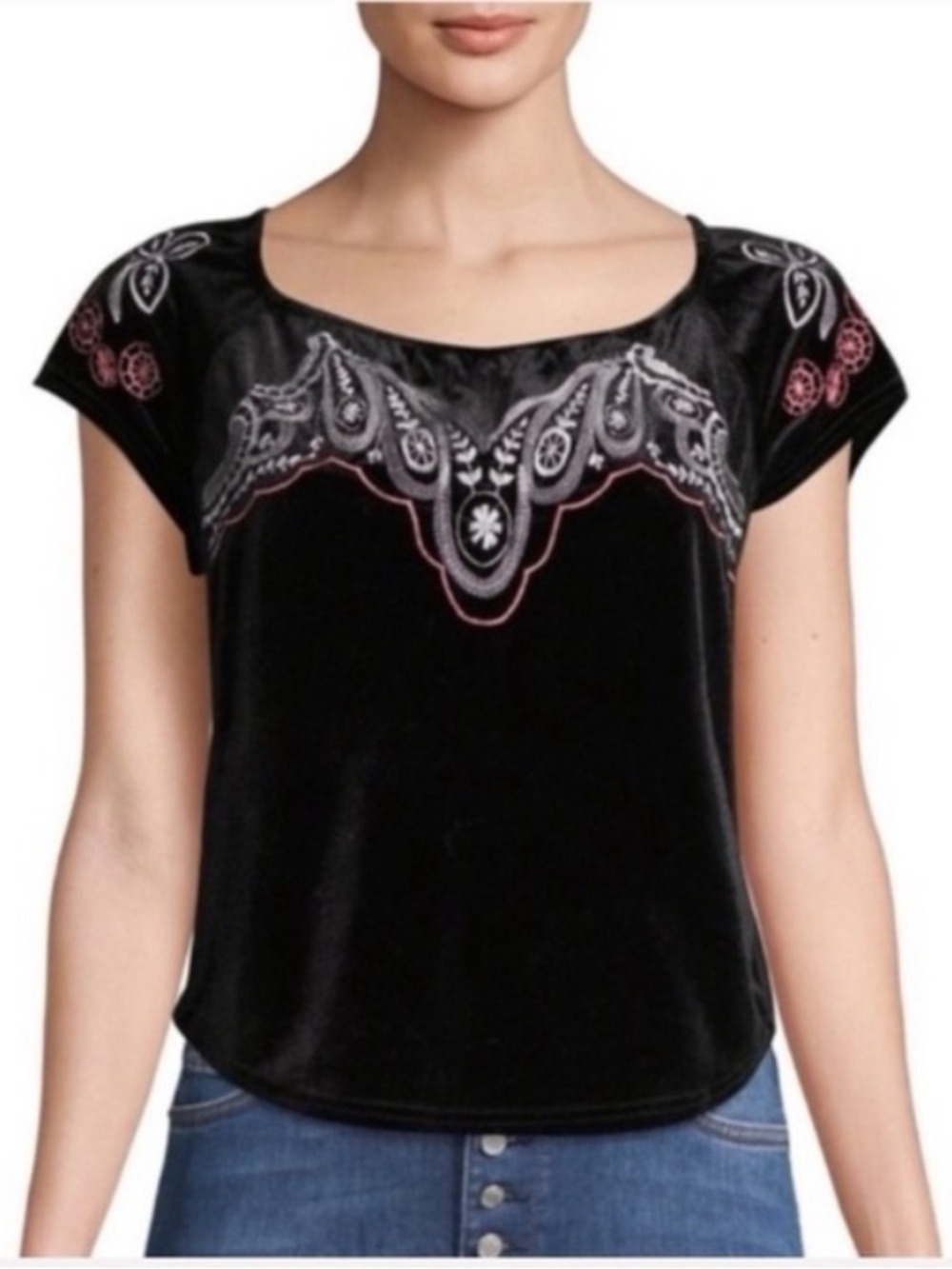Free People Party Train Embroidered Velvet Peasant Style Top Medium